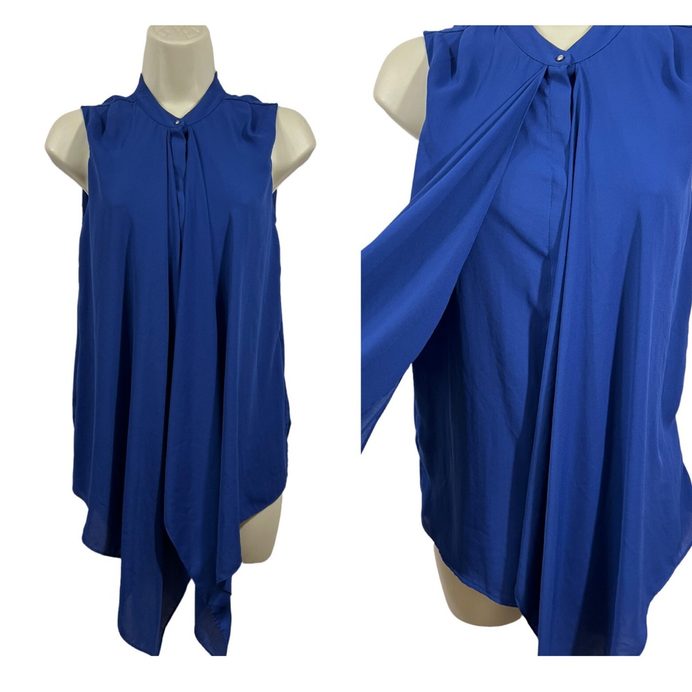 H&M Button Front Flowy Drape Front Sleeveless Blouse Blue Mock Neck Size 2 NWT